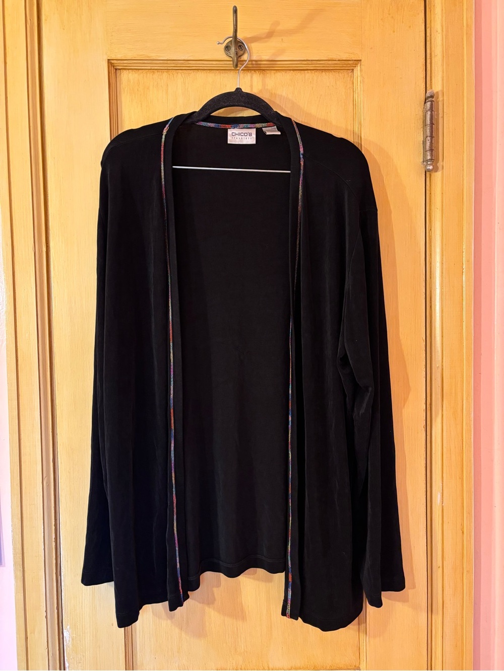 Chico's Travel Black Open-Front Cardigan with Rainbow Overlock Stitching Size XL